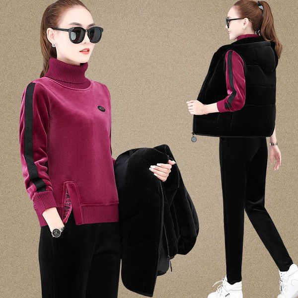 

gold silk double faced velvet sports suit women's winter new 2020 fashionable plush thickened vest casual wear three piece set, Gray