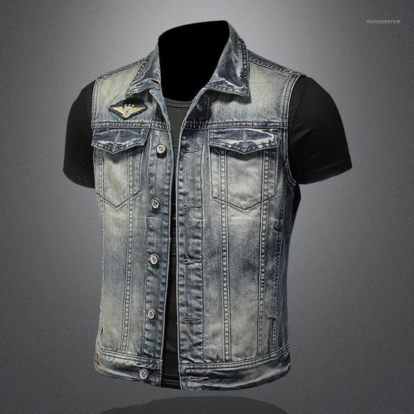 

men's vests embroidered badge men's jeans vest men slim fashion biker motorcycle denim single breasted vintage sleeveles jackets1, Black;white