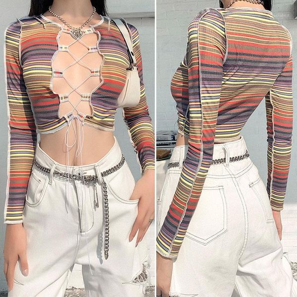 

contrast stripe knitting woman fall streetwear chic hollow out strappy harajuku crop skinny soft tshirt multicolor1, White
