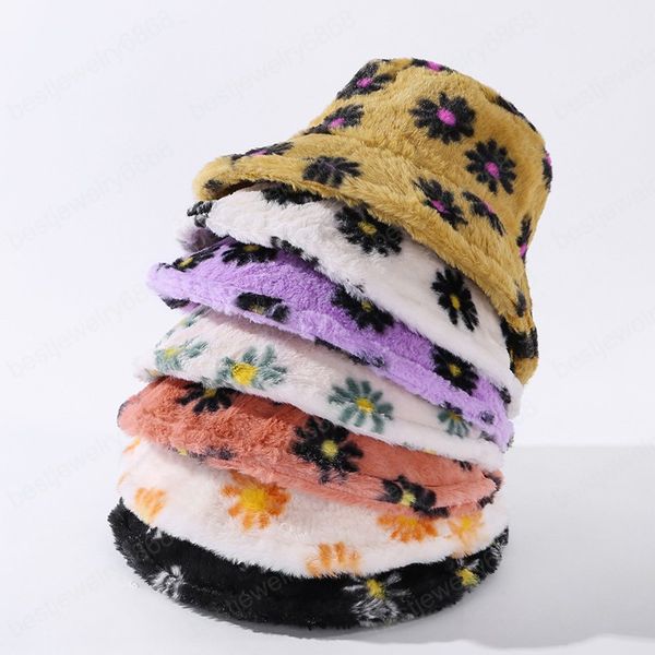 New Autumn Faux Fur Daisy Womens Winter Bucket Hats Thick Warm Hat Lady Girls Corea Panama Outdoor Travel Velvet Fisherman Hat