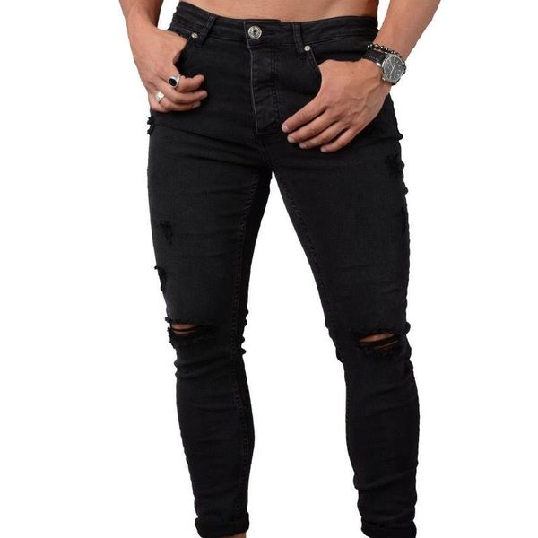 

men mid waist casual fashion jeans men ripped hole straight denim trousers boys long classic skinny solid colour pants 51433, Blue