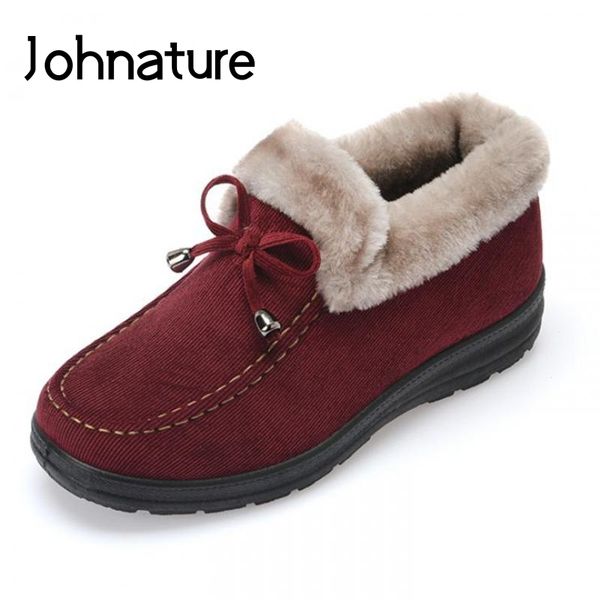 

johnature women shoes 2020 new winter snow boots round toe cotton fabric slip-on flat with sewing solid color platform boots, Black