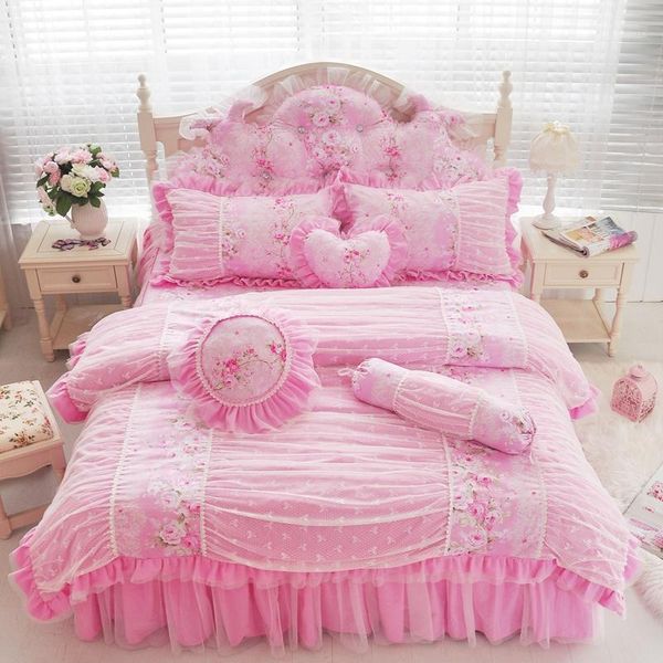 

princess style bedding set twin full  king size pink blue purple cotton lace bed skirt duvet cover set pillowcase1