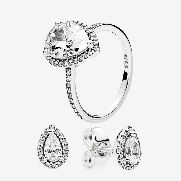 Gioielli firmati Anello nuziale in argento 925 Pandora Pandora Teardrop Set ANELLO e ORECCHINI Diamanti originali con zirconi cubici Anelli in stile europeo Regalo di compleanno per donna