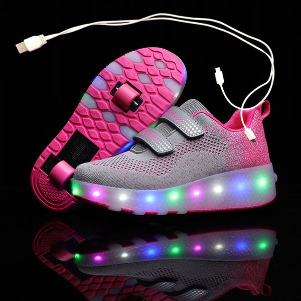 

usb charging children roller skate casual shoes boys girl automatic jazzy led lighted flashing kids glowing sneakers with wheels, Black;red