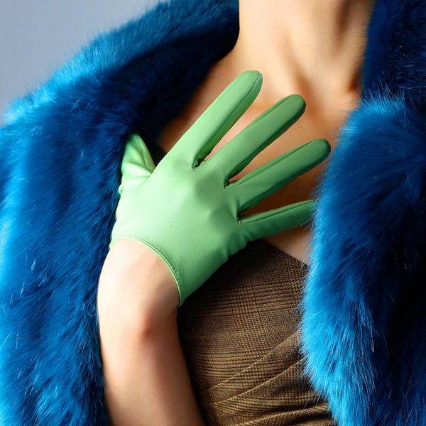

2020 new extra short fashion gloves faux leather sheepskin 6" 16cm pistachio light green women pu gloves, Blue;gray