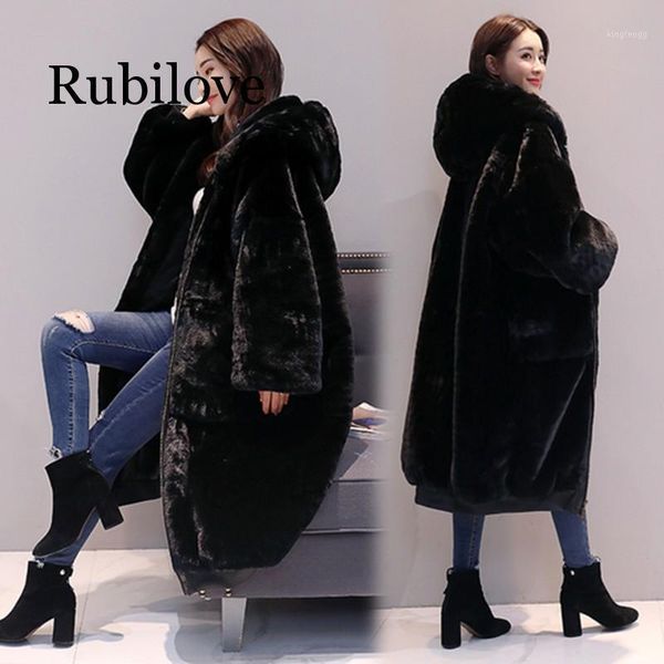 

new winter loose imitation faux fur coat hooded women long section of artificial wool thickening warm wool jacket1, Black