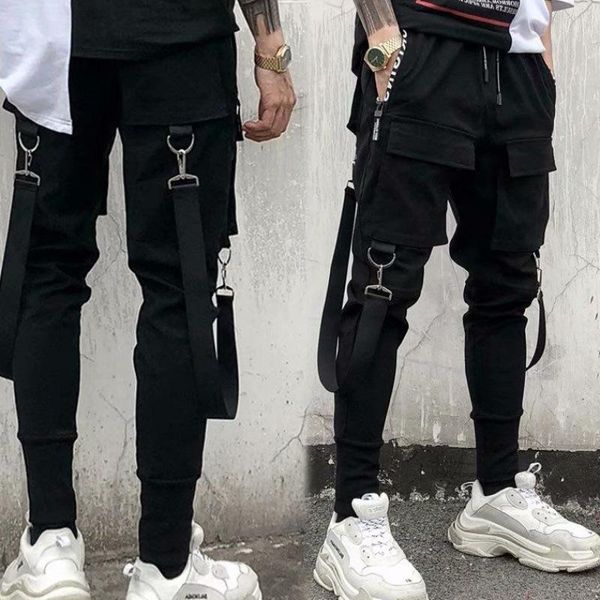 

men's pants hip hop youth fashion spring and autumn personalized ribbon small feet overalls, Black