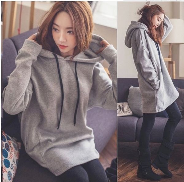 

autumn and winter women's long sleeve sweater women's large loose medium length hooded plush coat pullover pullover bsmj7, Black