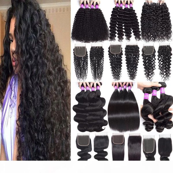 

brazilian virgin hair bundles with closure deep wave human hair weaves with lace closure unprocessed malaysian peruvian hair extension wefts, Black