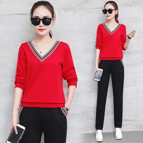 

aeh2z 2020 spring s autumn casual slim korean fashion women's wear new winter two piece v-neck long sleeve pants spring and autumn suit, Gray