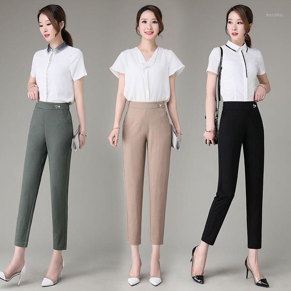 

women's pants & capris 2021 summer women loose solid harem high waist comfortable elegant office lady elastic ankle-length trousers l43, Black;white