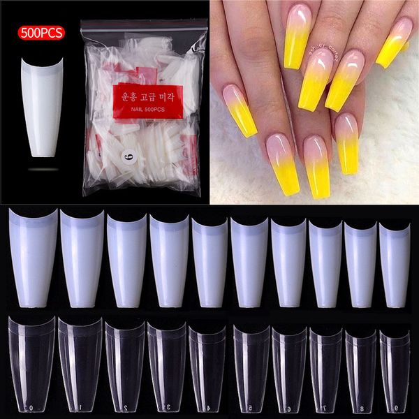

500pcs/pack clear natural false acrylic nail tips half cover french coffin fake nails for extension fingernails uv gel manicure, Red;gold