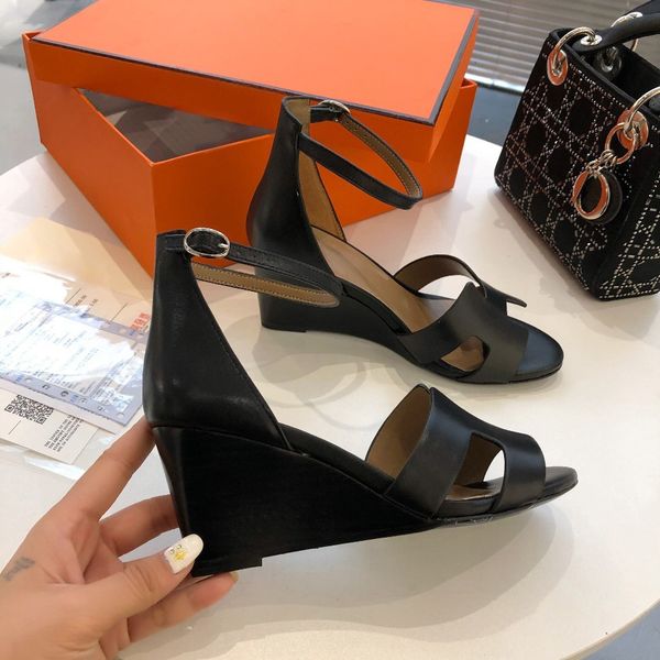 

летом кожа h-типа склона каблука женщин сандалии с открытым носком оберточной пятке и тот же универсальный туфли на высоком каблуке, Black