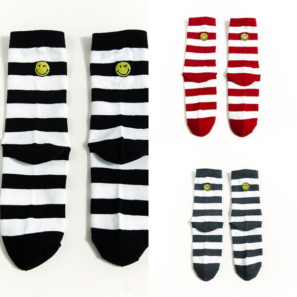 

дети полосатого среднего socksembroidered носков вышивания улыбающегося лица корейской школа стиль хлопок женщины средних трубки носков тенд, Black