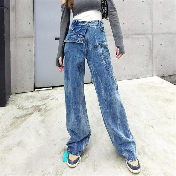 

2020 spring autumn new distressed washed high waist jeans women's fashion design sense loose casual wide-leg pants1, Blue