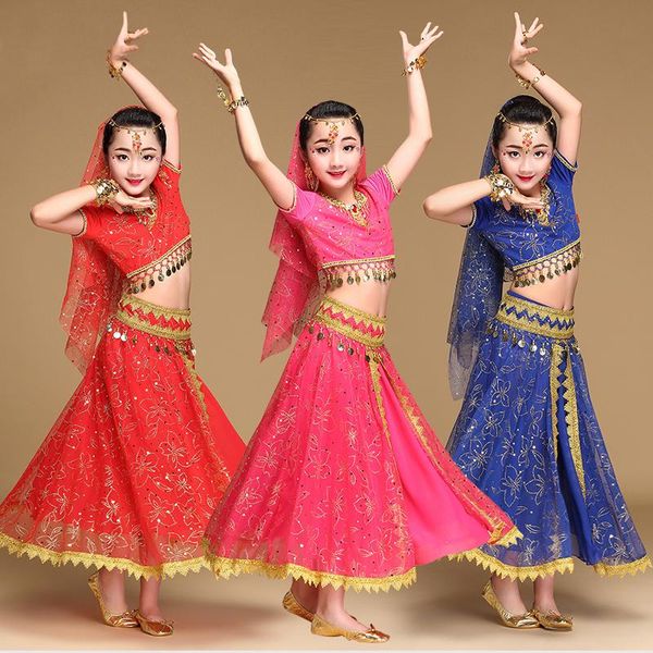 

kids belly dance costume bollywood costume dancing professional outfit girls belly dance costumes 5-pieces wear, Black;red