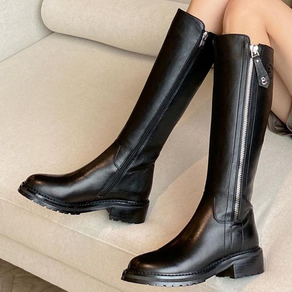 

boots women's genuine leather double zip flats winter warm plush knee high knight punk motorcycle long shoes for women, Black