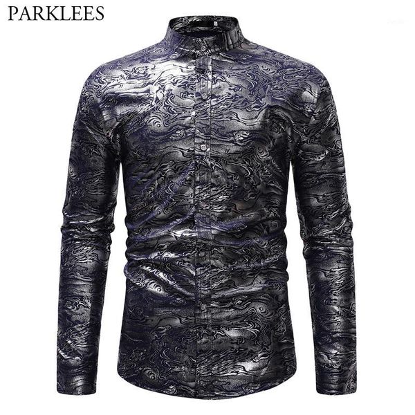 

stylish clouds sliver bronzing dress shirt men 2018 autumn new slim fit long sleeve social shirt male chemise homme1, White;black