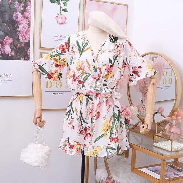 

v neck flare short sleeve print wide leg jumpsuit holiday beach multicolor ruffles bodysuit high waist hip playsuit barboteuse, Black;white