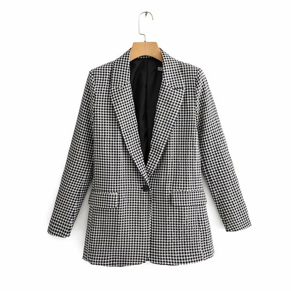 

new women vintage black white plaid print casual blazer office lady retro long sleeve outwear suits chic leisure coat lj201214, White;black