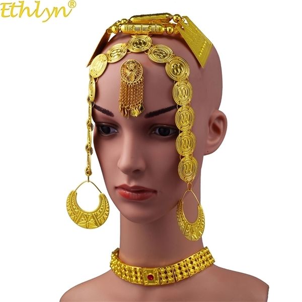 

ethlyn latest gold color red stone women eritrean ethiopian traditional wedding jewelry sets s112c 201222, Slivery;crystal