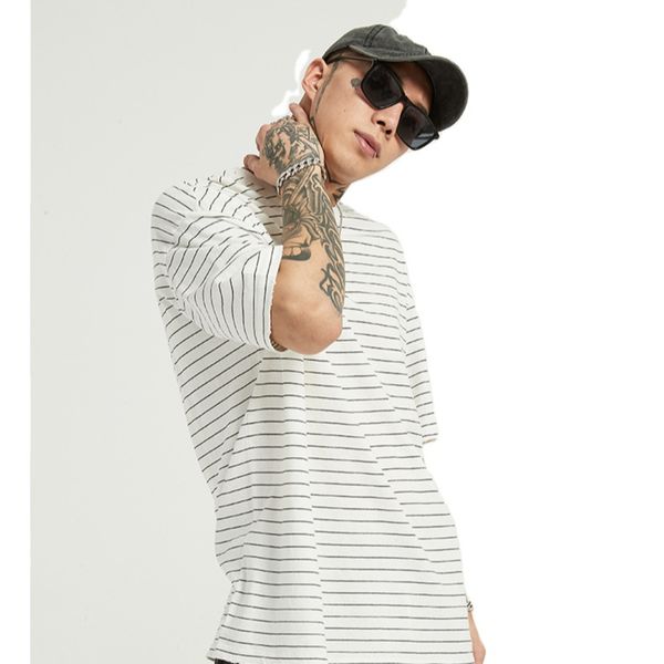 

high street style frayed spring summer black white short-sleeved european and american pinstriped t-shirt