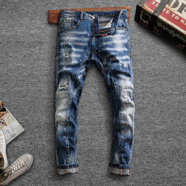 

2021 new fashion streetwear men jeans retro blue elastic slim fit ripped denim trousers painted designer spliced hip hop biker pants 2f67