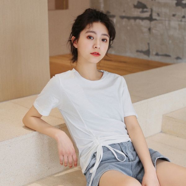 

gqrwd solid color coat t-shirt side drawstring t-shirt small fresh round design short sleeve neck women 2020 summer new korean student to, White