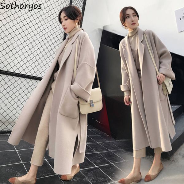 

wool blends women winter autumn simple belt ankle-length side-slit pockets womens solid warm trendy streetwear all-match new lj201106, Black