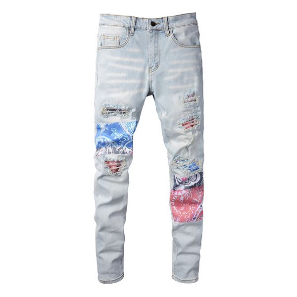 Jeans da uomo Pantaloni da motociclista strappati dalla vestibilità regolare Blu chiaro Pantaloni da uomo in denim Jean Pantaloni casual Taglia grande 28-40