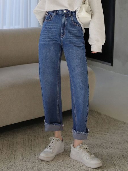 

dazy high waist raw cut jeans r7ts#, Blue