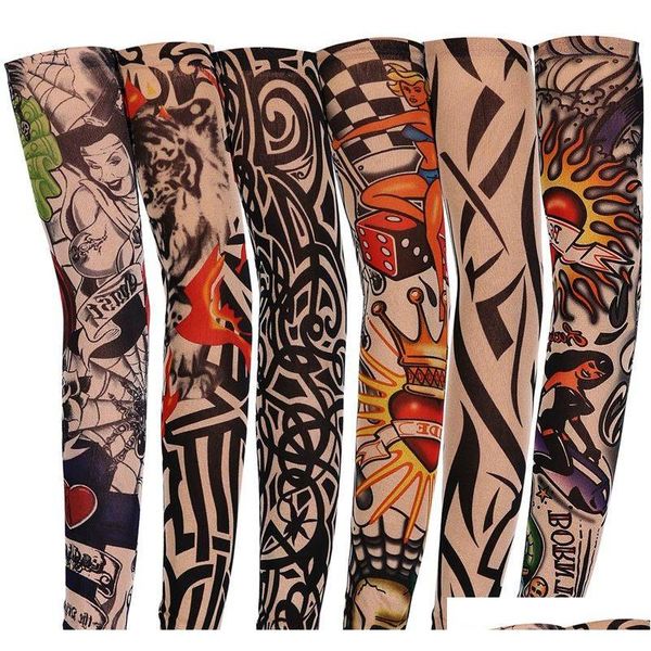 

nylon elastic temporary tattoo sleeve outdoor driving riding arm anti-uv sunscreen sleeve breathable fashion designer arm stockings z1bbo