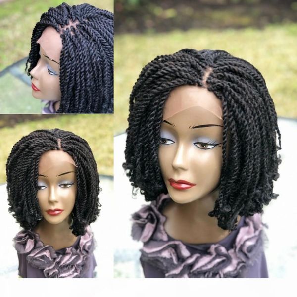 

new arrival 14inch black color short kinky braided wig full handtied braided lace front wig with curly tips for africa women
