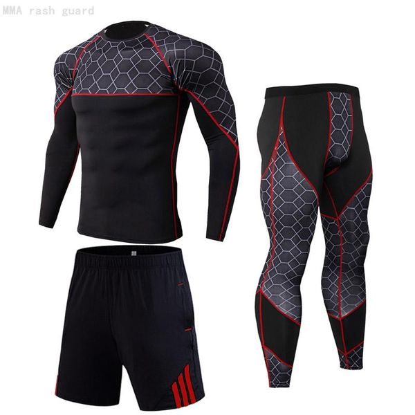 

fitness clothing men sports suit running shirt leggings stretch tights compression t-shirt track suit 3-pc/set, Black;blue