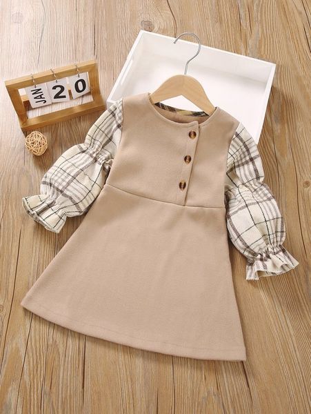 

toddler girls plaid gathered sleeve wool-mix dress she, Red;yellow