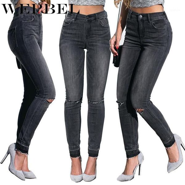 

wepbel women's fashion hole jeans casual solid color washed ripped vintage tassel denim pencil pants1, Blue