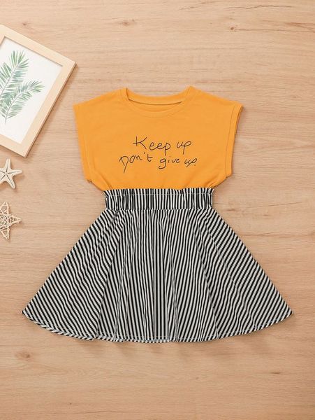 

girls slogan and striped dress she, Red;yellow