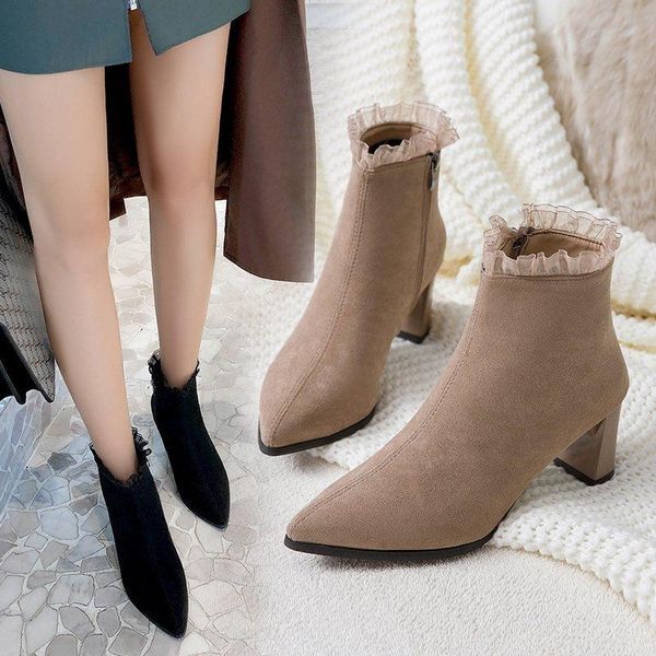 

женщины оборками ботильоны высокие каблуки платье обувь flock остроконечные toe пинетки lace насосы 2020 зима осень botas mujer черный 8735n, Black