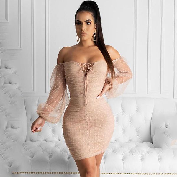

polka dot mesh elegant dress puff sleeve see through dress women bodycon mini party dresses vestido streetwear 2021, Black;gray