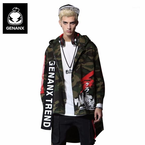 

genanx brand streetwear panelled camouflage graffiti print patchwork hooded trench long coat mens loose plus fashion size -xxl1, Tan;black