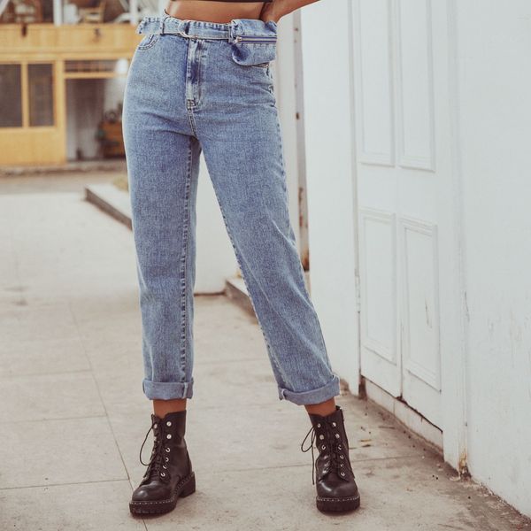 

g1-20081 women's fashion high waist straight small pocket casual jeans pants, Blue
