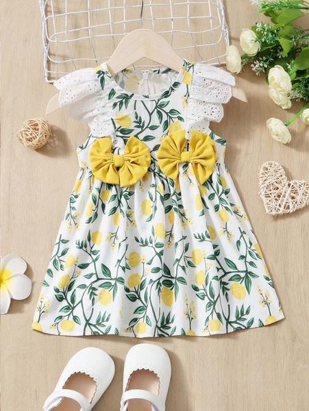 

baby floral print eyelet embroidery bow front ruffle sleeve dress she, Red;yellow