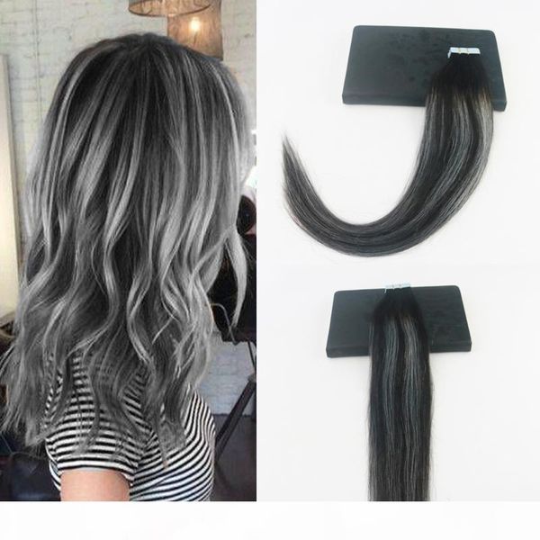 

ombre tape in hair extensions human 100g virgin brazilian straight remy hair 40piece pu skin weft tape hair balayage color#1b silver 1b, Black
