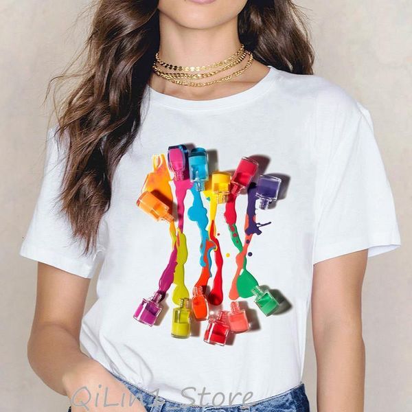 

vogue rainbow nail polish print tee рубашка femme vintage t рубашка женская одежда 2019 летняя вершина женского женского пола harajuku эстет, White