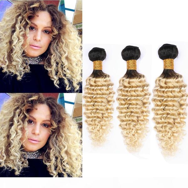 

blonde ombre human hair bundles brazilian deep wave weaves human hair 3 bundles #1b 613 dark roots ombre virgin hair extensions 300gram, Black;brown