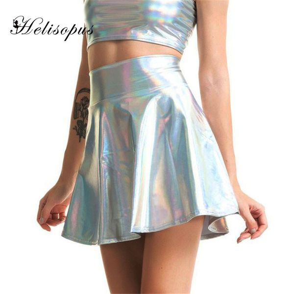 

helisopus summer laser hight waist mini leather skirts club party silver holographic skirts harajuku casual pleated skirt y200326, Black