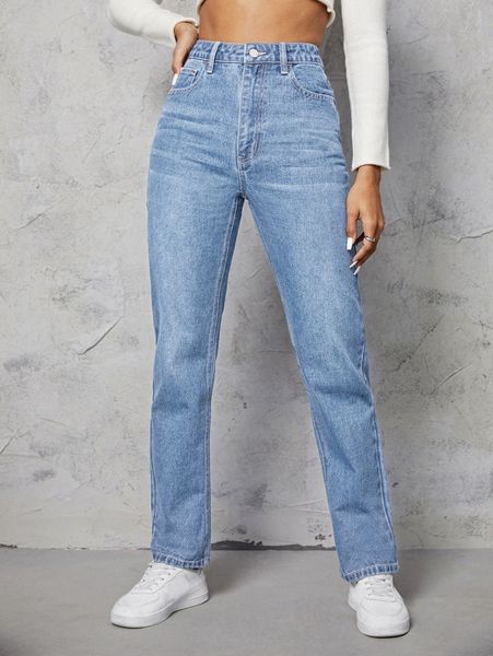 

high waist cat whisker straight leg jeans 25t5#, Blue