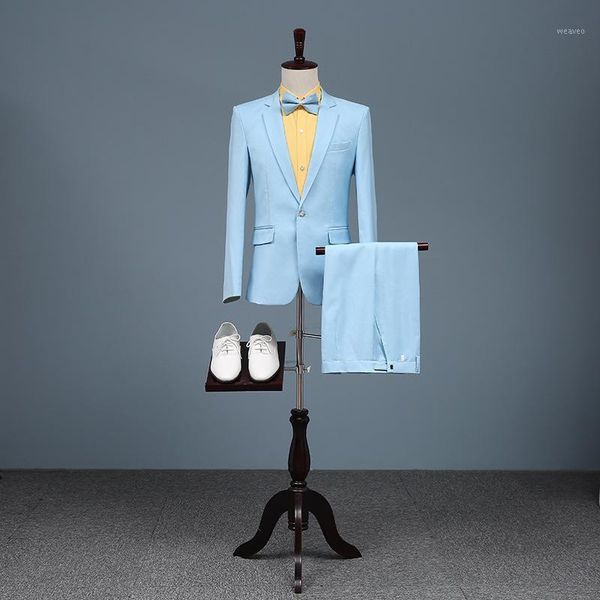 

2020 men autumn clothing new style versatile slim fit cotton linen sky blue suit youth studio solid color suit two pieces1, White;black
