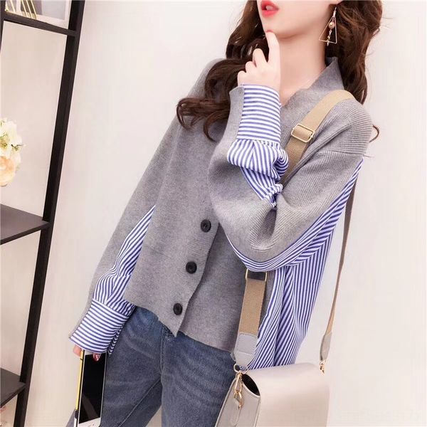 

early shirt autumn 2020 women's net red shirt stitching knitted cardigan women's small fresh v-neck loose and versatile fashion tk, White;black